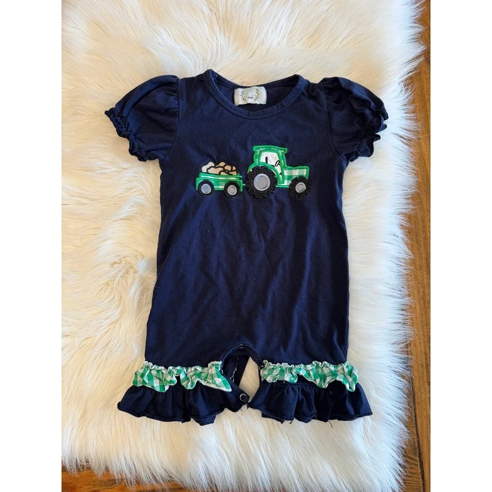 12/18m navy blue tractor‎ longall with ruffles EUC